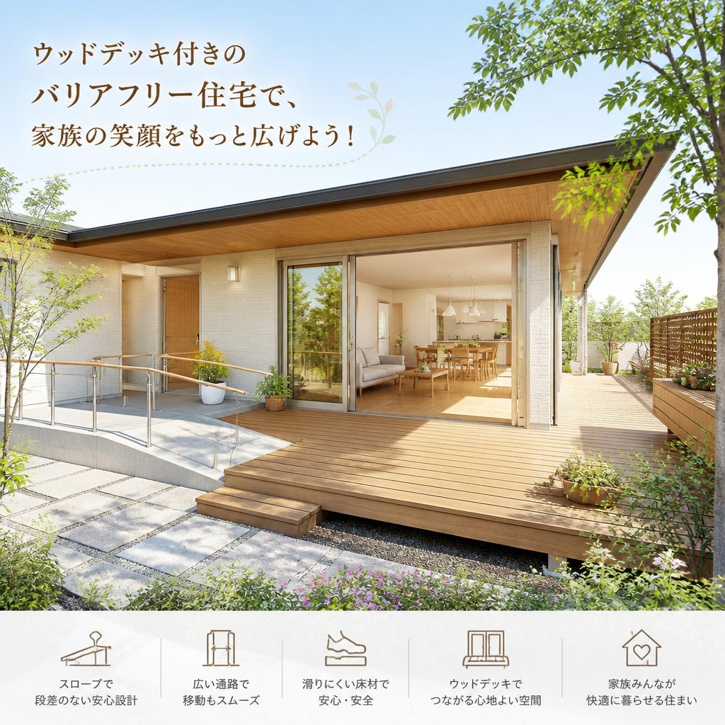 ウッドデッキ付きのバリアフリー住宅で、家族の笑顔をもっと広げよう！