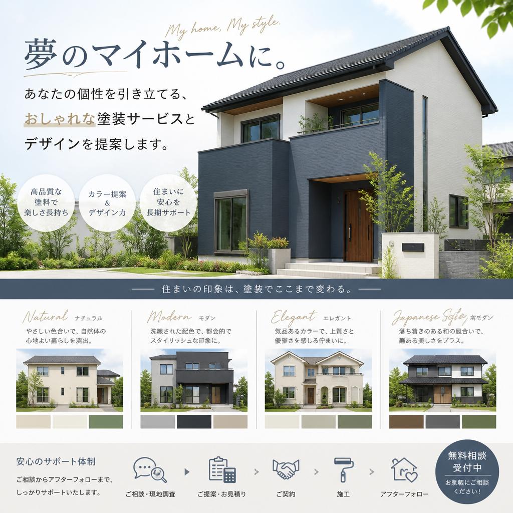 夢のマイホームに。あなたの個性を引き立てる、おしゃれな塗装サービスとデザインを提案します。